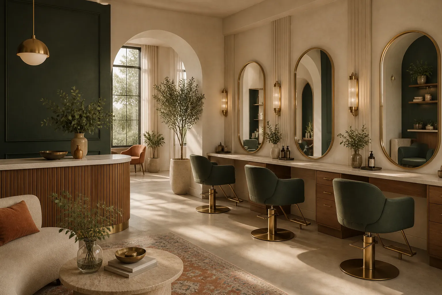 The Shear Global Salon floor: styling chairs, arched mirrors, and warm brass lighting
