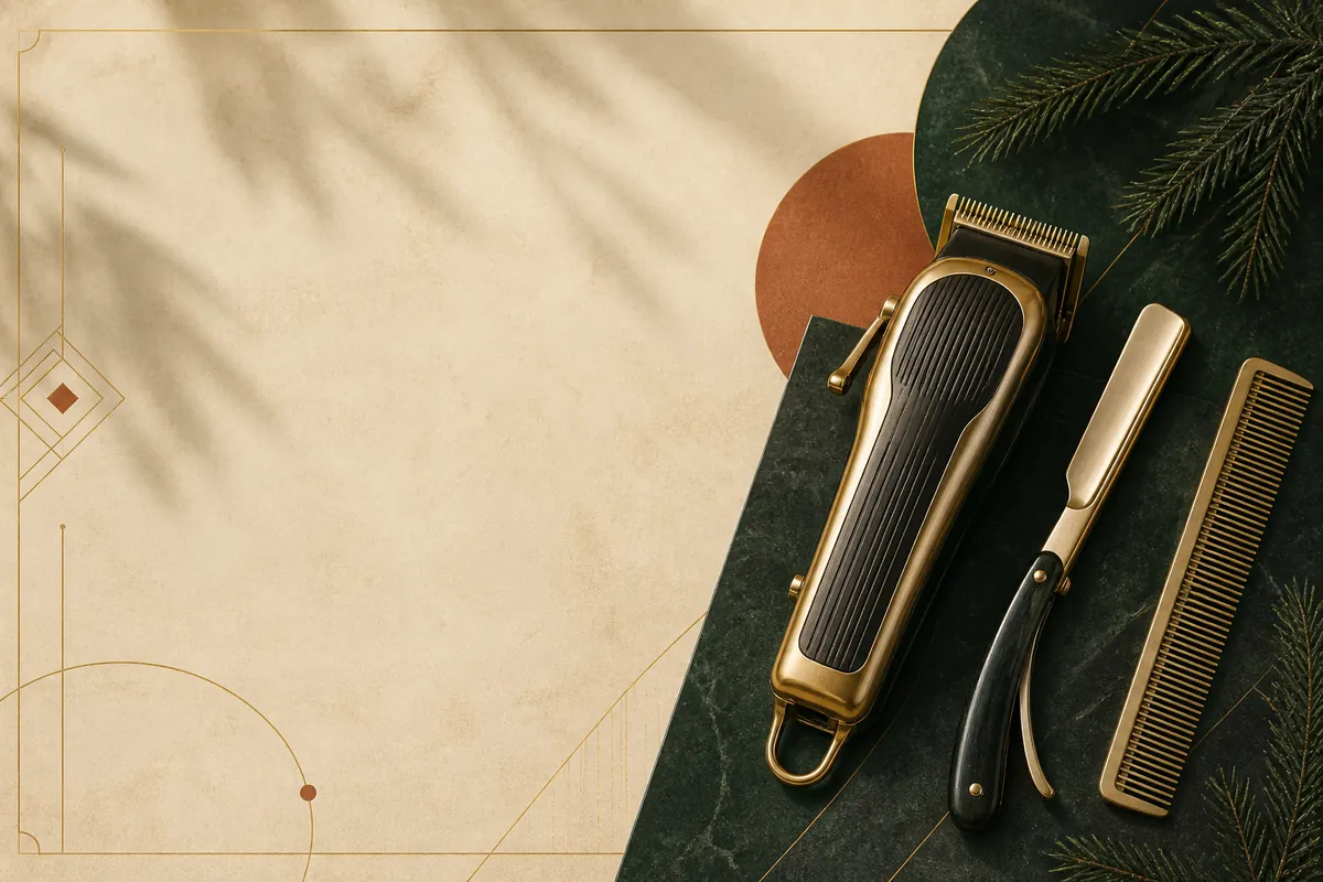 Editorial still life of barber clippers, a straight razor, and a comb
