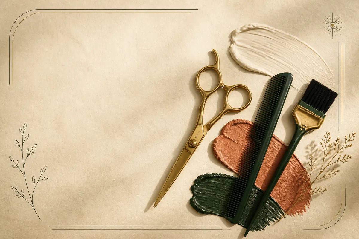Editorial still life of hair scissors, a comb, a color brush, and color swatches