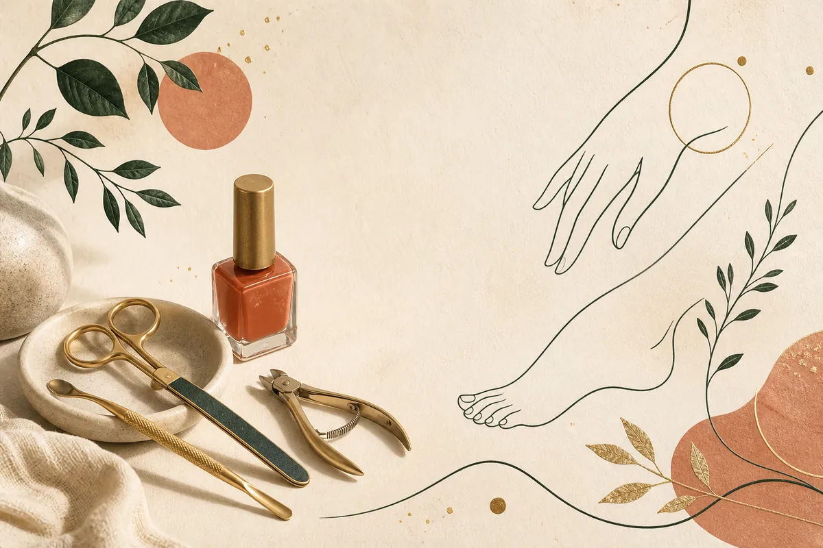 Editorial still life of manicure and pedicure tools with hand and foot line motifs