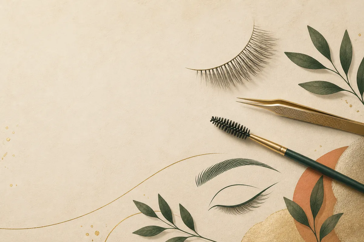 Editorial still life of lashes, tweezers, and a brow brush
